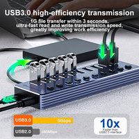 10 puertos USB3.0 Splitter Computer Extender USB HUB 2.4A Puerto PD de carga rápida Fuente de alimentación externa de 12V
