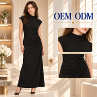 Gaun Maxi Wanita Hitam Bahan Modal Kerah Mock Neck Lengan Pendek Berkerut dengan Pinggang Berlipit Samping untuk Grosir Butik OEM ODM