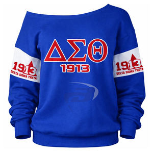 Sudadera de punto con hombros descubiertos de la hermandad Delta Sigma Theta, diseño 1913 y letras griegas con logotipo frontal personalizado para fiesta - Product Image 1