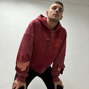 Sudaderas con Capucha para Hombre, Color Borgoña, con Cierre, Logotipo Personalizado, Bordado en Relieve, Estilo Desgastado, Vintage, Lavado, Talla Grande, Casual - Product Image 4