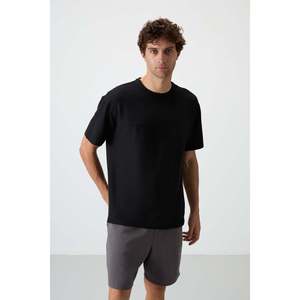 T-shirt Air Jones pour homme, coupe oversize, noir basique, surface texturée en interlock gaufré, avec mélange de Lycra, pour un style streetwear décontracté - Product Image 1
