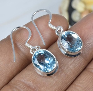 Pendientes para mujer Pendientes de piedras preciosas de Topacio Azul 925 Plata de ley sólida Niñas Piedra azul Niñas Pendientes colgantes Joyería de plata - Product Image 4