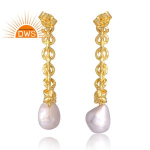 Stylish Design Sterling Silver 18K Gold Plated Natural <b>Pearl</b> Gemstone <b>Drop</b> <b>Earring</b> Custom Jewelry for Women Gift for Her - Product Image 2
