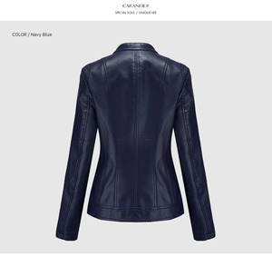 Blousons motards tendance pour femme en cuir tanné bleu marine, coupe ajustée, respirants, avec fermeture éclair, col montant et poches, style moderne - Product Image 2