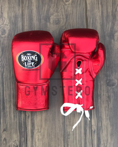 قفازات ملاكمة عالية الجودة من الجلد الحقيقي باللون الأحمر مع شعار مخصص، قفازات ملاكمة كاملة الأصابع قابلة للتعديل بحلقة وخطاف للفنون القتالية - Product Image 1
