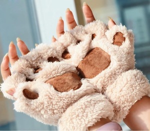 Lovely Eco-Friendly Warm Winter Goose Feather Half Finger Gloves Cute <b>Cat</b> Claw Paw <b>Plush</b> Design Daily Use for Women - Product Image 4