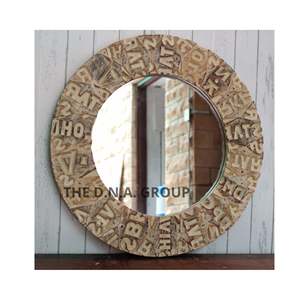 Handmade Round <b>Wooden</b> <b>Wall</b> <b>Mirror</b> with Hand Carved Alphabet Design Frame Rustic Decorative Hanging <b>Mirror</b> for Home & Hotel - Product Image 1