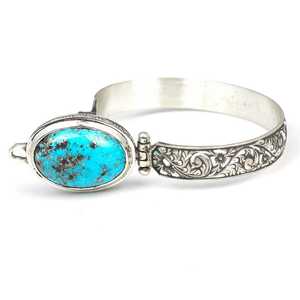 Unisex 925 Sterling <b>Silver</b> Fine <b>Charm</b> <b>Bracelet</b> with Flower-Shaped Oval Turquoise Stone in Bezel Setting Everyday Wear 36.82g - Product Image 3