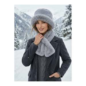 Women's Grey 2-Piece <b>Set</b> Plush Bucket <b>Hat</b> Neck Warmer <b>Scarf</b> Set02 - Anthracite - Product Image 3