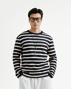 T-shirt à manches longues rayé, coupe ajustée, décontracté, respirant, 99% coton, 1% élasthanne, 300g, taille personnalisée, sweat-shirts d'automne pour hommes, routine - Product Image 1