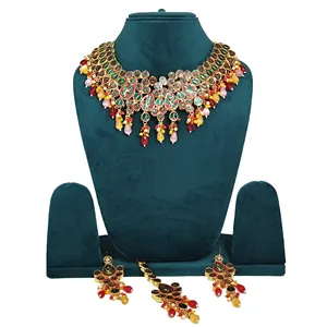 Conjunto de Joyería Fina con Cuentas y Adornos Kundan Multicolores, Chapado en Oro de 24K sobre Cobre, para Bodas - Product Image 4