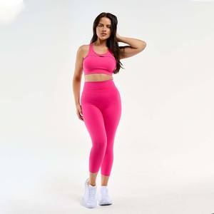 Venta caliente Rosa personalizado OEM Conjuntos de las mujeres Conjunto de 2 piezas Mujeres Crop Leggings Cremallera Cintura Bolsillo Suave Elástico Y Conjunto de cintura alta - Product Image 1