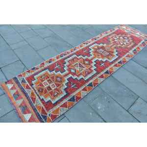 พรมวินเทจ, พรมวิ่งขนาด 2.8x9.7 ฟุต, พรมขนสัตว์สีแดงสไตล์ตะวันตกเฉียงใต้แบบตุรกี - Product Image 2