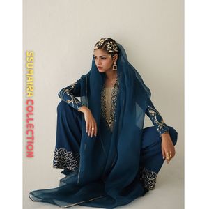 Tendances 2025 : Ensemble chemise longue droite en organza bleu sarcelle avec dupatta, style formel, broderies de cristaux et pierres Tiki, séchage rapide - Product Image 5