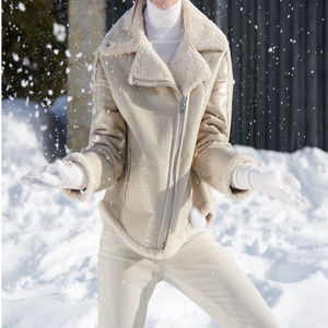 High Quality Women's <b>Genuine</b> Leather Shearling Motorcycle Jacket Winter Outerwear with Hooded Collar Custom Logo Light Feature - Product Image 6