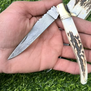 High Quality Stainless Steel Damascus Folding Pocket Knife Laguiole Style Stag Horn Handle Straight <b>Drop</b> Point Blade 19cm - Product Image 3