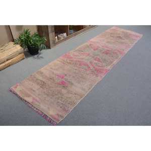 <b>Vintage</b> Turkish <b>Rug</b> 2.7 X 10.4ft Large Area Abstract Pattern Wool Latex Room <b>Rug</b> Pink Beige Patchwork Design for Hallway - Product Image 1