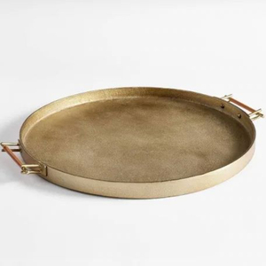 Round Shape Brass Trays With Handle Customized Size Golden <b>Tabletop</b> Food Serving Tray Uses in Hotels and Weddings - Product Image 1