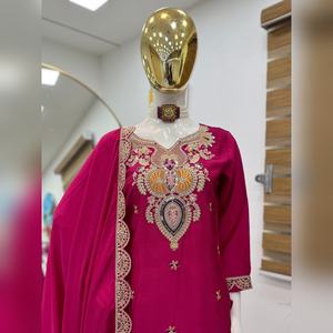 Luxury chinon sharara salwar kameez with heavy <b>thread</b> work top and sharara with dupatta pair for casual outing premium finish - Product Image 5
