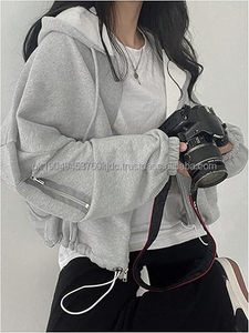 Sweat-shirt à capuche zippé pour femme, manches longues, épaules tombantes, ample, vêtement d'extérieur - Product Image 5