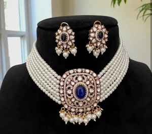 Elegant Matt Gold Plated Polki <b>Kundan</b> Choker Earrings Set Fashionable Brass <b>Jewelry</b> for Party Wedding & Anniversary Celebrations - Product Image 1