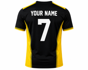 Maillot de football personnalisé noir et jaune bicolore, impression par sublimation du nom et du numéro, uniforme d'équipe, séchage rapide, vente en gros OEM - Product Image 2