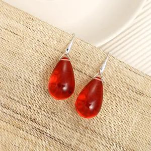 Women's Luxury Titanium Resin Earrings with Pure Metal Red Water Drops Design Lightweight Hook Style Fine Jewelry Earrings