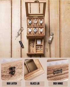 Boîte à montres et bijoux pour cadeau d'anniversaire pour homme et femme, vitrine en bois avec doublure en lin, bois à 6 fentes - Product Image 2