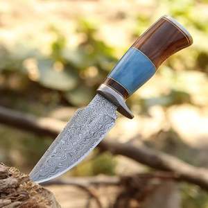 Cuchillo de Caza de Hoja Fija, Cuchillo de Desollado de Acero de Damasco con Mango de Madera, Supervivencia al Aire Libre, Campamento, Pesca con Funda - Product Image 1