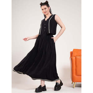 Deebaco Women's Black Sleeveless Co-Ord <b>Set</b> Loose Fit V-Neck Lace Work Waistcoat With <b>White</b> Trim Skirt Button Detail Summer Wear - Product Image 4
