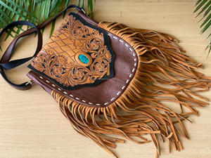 Bolso de mano de cuero tallado con flecos para mujer, bandolera cruzada con flecos - Product Image 2