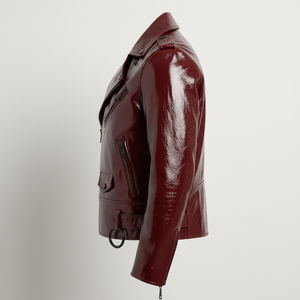 Blouson Moto Rouge Cerise Brillant avec Accents Noirs – Blouson Biker Rouge Verni Designer Ultra Brillant - Product Image 3