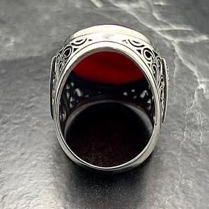 Handmade Vintage Oval Statement <b>Ring</b> for <b>Men</b> Bold Agate Gemstone Jewelry <b>Silver</b> Red Color Unique Fashion Accessory Gift for Him - Product Image 6