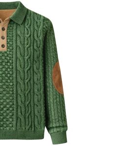 Customized Mens Mixed Texture <b>Cable</b> <b>Knit</b> Polo <b>Sweater</b> Long Sleeve Button Neck Winter Pullover With Elbow Patch In Forest Green - Product Image 4