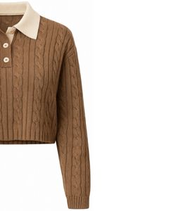 Women Brown <b>Cable</b> <b>Knit</b> Crop <b>Sweater</b> Polo Collar Button Front Soft Winter Casual Fashion Pullover Top For Ladies Streetwear Style - Product Image 4