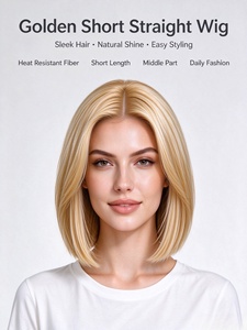 Peluca sintética rubia corta y lisa con raya en el medio, fibra resistente al calor, sedosa y suave, línea de cabello natural, peluca completa para mujer, uso diario - Product Image 1