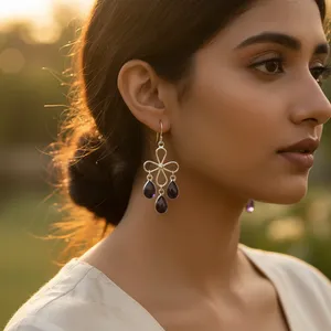 Boucles d'oreilles pendantes en argent pour femmes, fleur d'améthyste, plaqué or, matériau or rose, avec perle et diamant, pour mariages et fêtes - Product Image 1