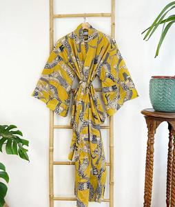 Kimono de verano con estampado de bloque indio de algodón puro, bata de playa Floral para mamá, cómoda Maternidad, amarillo mostaza, hasta el suelo - Product Image 2