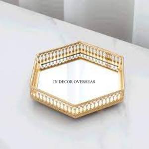 Mesa de centro decorativa para hogar y Hotel, bandeja de servicio de espejo de forma redonda con alambre de Metal dorado, bordes únicos de diseñador de la India - Product Image 4