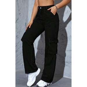 Jean cargo noir Y2K pour femme, taille haute, coupe droite, extensible, durable, écologique, multi-poches, style streetwear, plusieurs tailles - Product Image 4