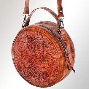 Sac à main rond en cuir de vachette de style occidental pour femmes sac de cantine à bandoulière avec fermeture à glissière doublure en toile - Product Image 1