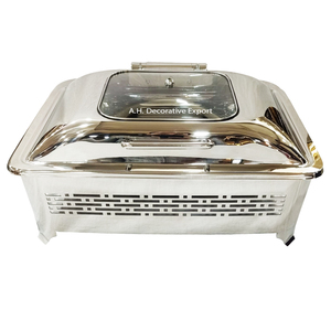 Modern Designing Chaffing Dish Stainless Steel Rose Gold Plating Square Shape Big Chaffing Dish With Stylish Metal & Glass Dome - Product Image 3