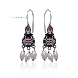 Indian Style Designer Party <b>Favors</b> Silver Oxidized Hook Earrings With Stud Gemstone Work Jhumkas Earring Jewelry for Women - Product Image 2