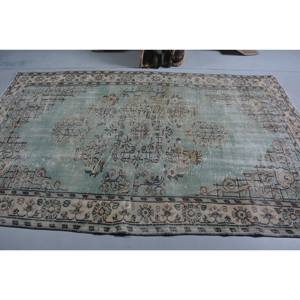 Alfombra turca Vintage de 5,4x8,6 pies, diseño de retales de lana verde y Beige, respaldo de látex para el hogar, sala de estar, estilo Rectangular-Tabriz - Product Image 3