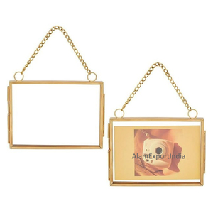 Awesome Quality Newest Design Rectangle Clear <b>Glass</b> Brass Border Shiny Finished <b>Hanging</b> Chain Golden Photo Holder Pressed Pic - Product Image 4