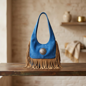 Women Suede Classic Shoulder <b>Bag</b> Blue Soft Handle Handmade <b>Carry</b>-<b>On</b> Travel Luxury Style Round Stud Detail - Product Image 6