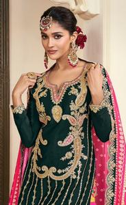 Kalamkari Heavy Chinon Seda Bordado e Impresión Digital Diseñador Colección Fiesta Salwar Kameez Indio - Product Image 5