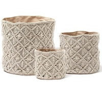 Beste Kwaliteit Macrame Set Van 3 Stuks Met Hout Handvat Fruit Opbergmand Organizer Woonkamer Plank Groente Opslag Houder