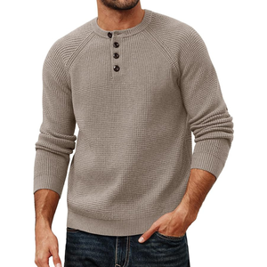 Pull en maille gaufré décontracté pour homme, personnalisé, en coton biologique respirant, anti-froissement, col rond, boutonné, texturé, style Henley - Product Image 5