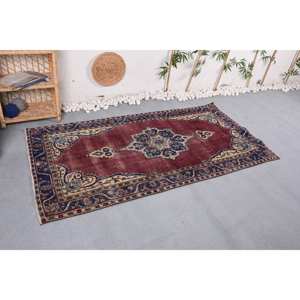 Alfombra turca clásica roja y azul Vintage de 3,6x6,9 pies, patrón de retales de área grande para pasillo, dormitorio, lana con respaldo de látex para cabecera - Product Image 3